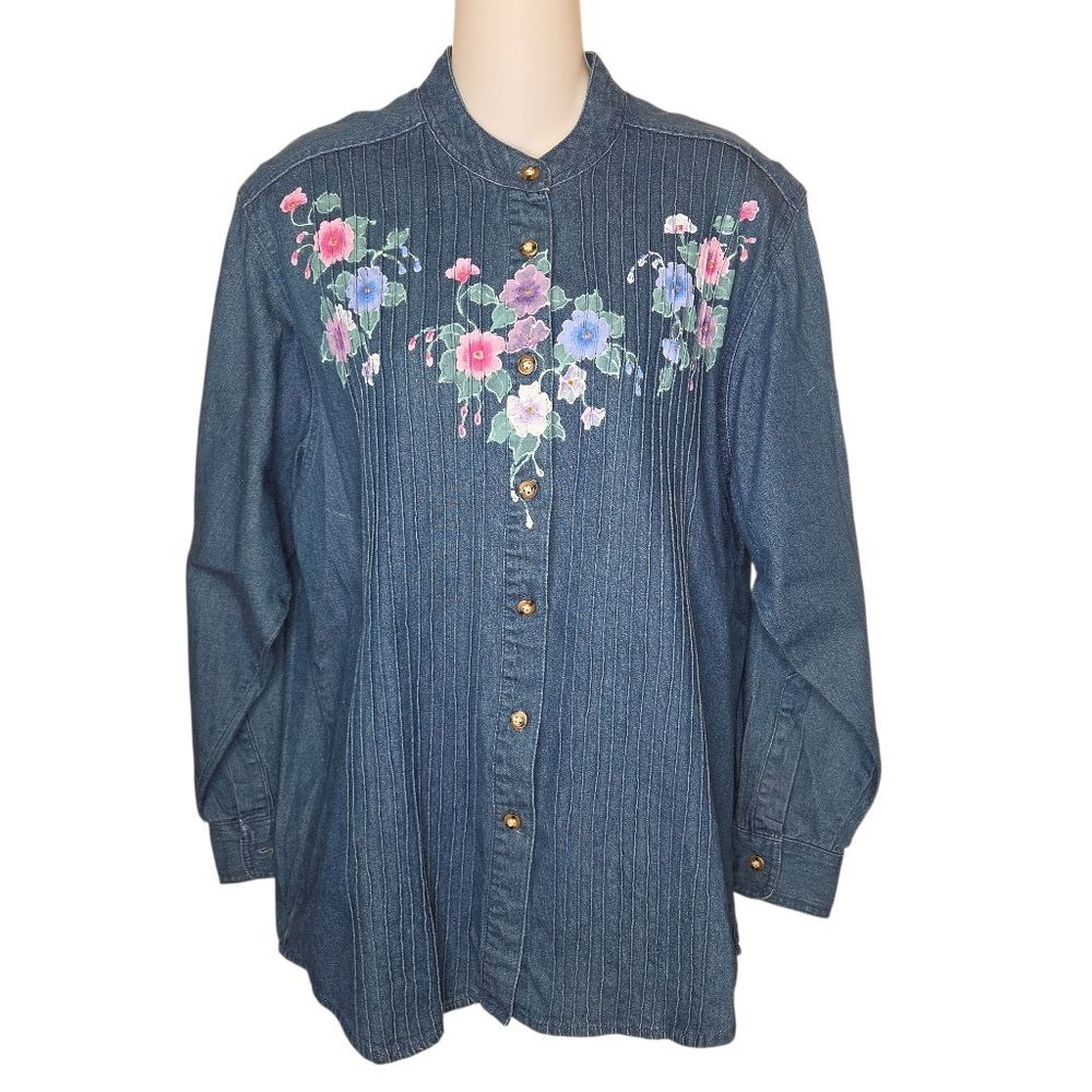 Sunbelt Denim Vintage Floral Painted Denim Jean Shirt Shacket Size Medium Blouse
